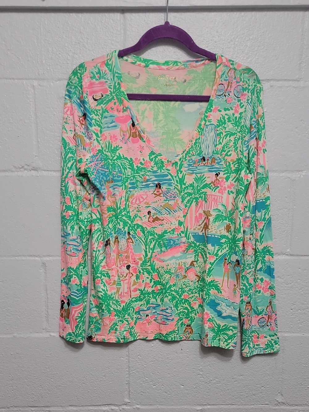 Lilly Pulitzer Pink & Green Tropical Beach Day V-Neck Long Sleeve Tee